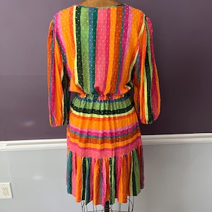 NWT Farm Rio X Anthropologie Rainbow Stripe Mini Dress, 3/4 Balloon Sleeve, Elastic Waist, V-neck image 9
