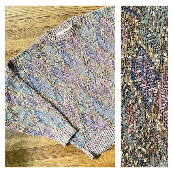 90s Geo Argyle Grandad Sweater, Earth Tones, Oversized