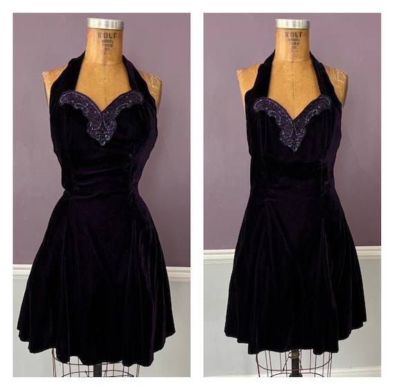 80s 90s Velvet Halter Cocktail Dress with Sequins… - image 3