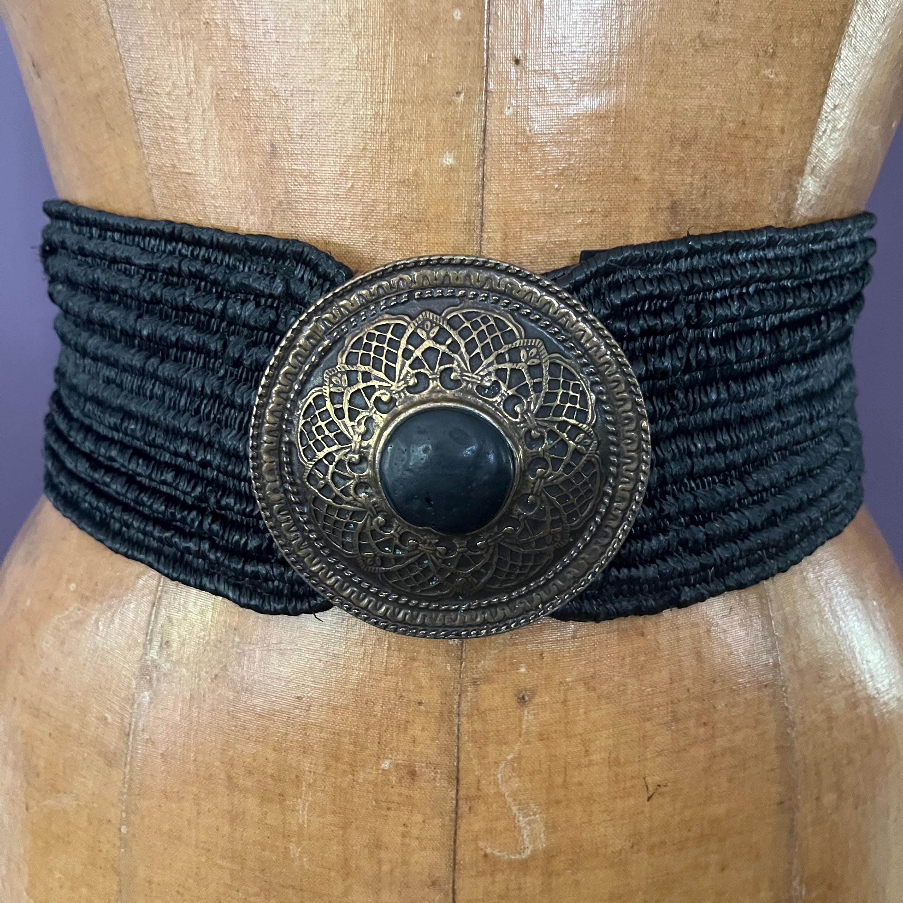 小物 vintage 80s leather-jewelry belt 80s Extra Wide Gold Chain Leather Belt - Lucky Vintage