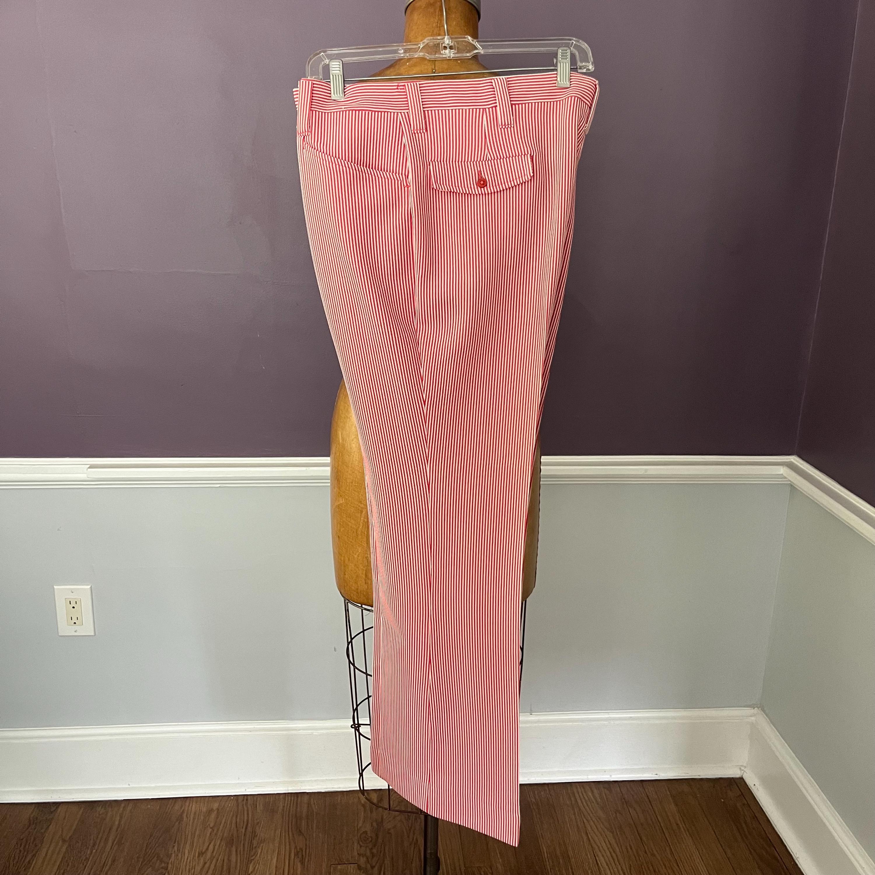 Sick Gestreifte 70er Jahre Polyester Schlaghose, Hohe Taille, Rot Weiß Gestreift, Schlaghose aus Polyester