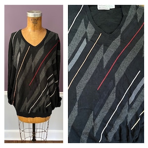 90s Men’s Geo Oversized Sweater with Leather trim