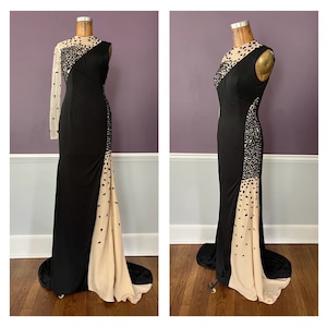 70s One Shoulder Beaded Evening Gown with Fishtail Train