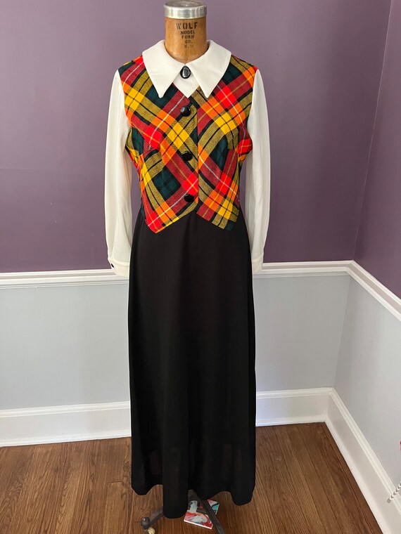 Groovy 70s Empire Plaid Vest Maxi Dress with Big … - image 2