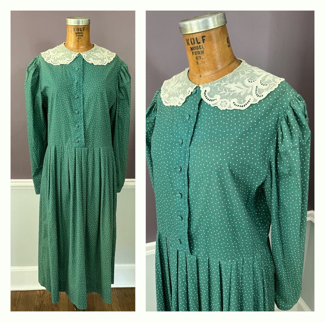 80s Laura Ashley Prairie Dress in Green and White Polka Dots - Etsy