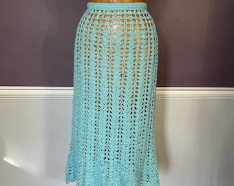 VTG Crochet Flared Midi Skirt, Handmade, Robin’s Egg Blue