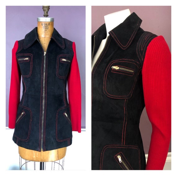 Groovy 70s Suede Jacket with Red Topstitching and