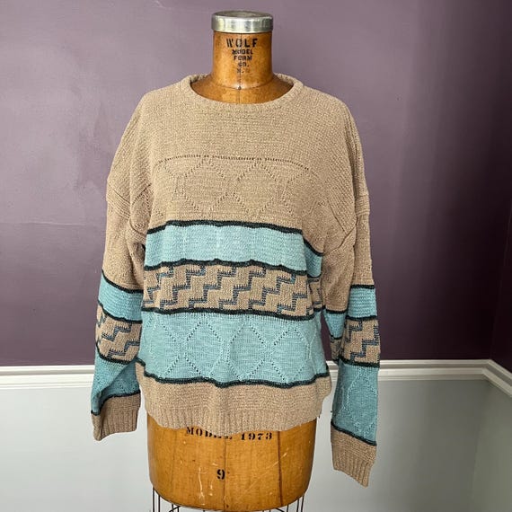 90s Grunge Chest Stripe Sweater, Geo Grandad Sweater
