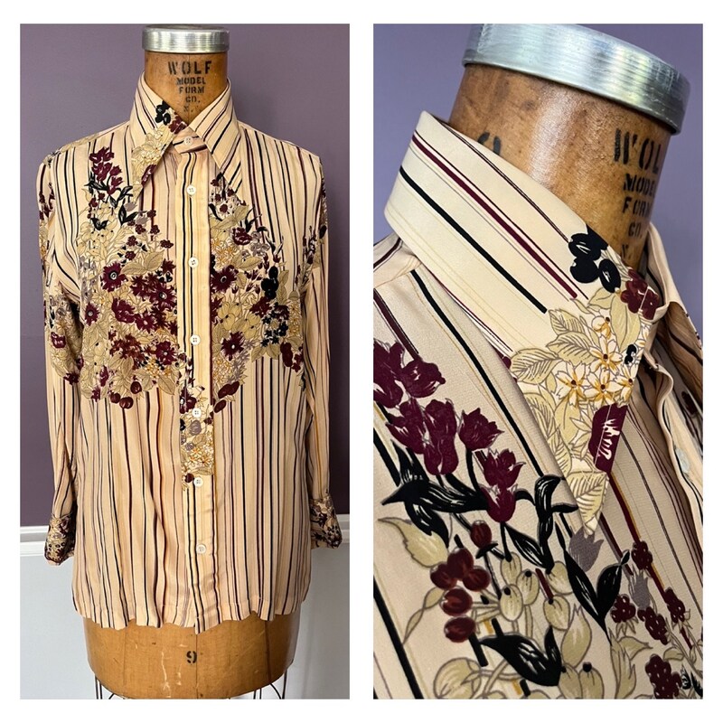 70s Peach Feather Print Dagger Collar Shirt L