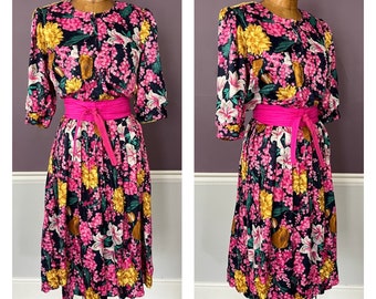 Silky 80s Floral Puff Sleeve Pleated Skirt Dress