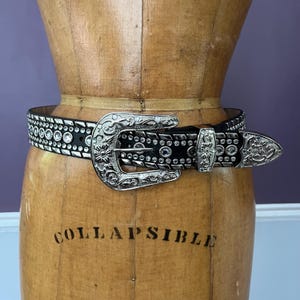 VTG Unworn Glam Rock, Blinged Out Black Leather Belt with Tons of Rhinestones and Studs S