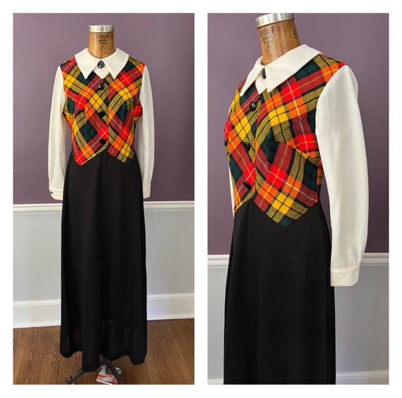 Groovy 70s Empire Plaid Vest Maxi Dress with Big … - image 1