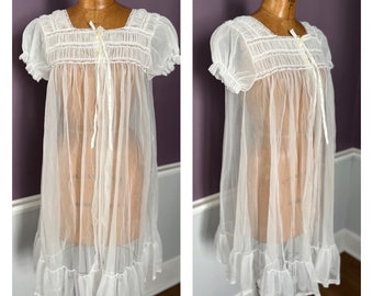 Sweet 60s Sheer Ruched Chiffon Peignoir, Vintage Dressing Gown / Retro Lingerie Robe