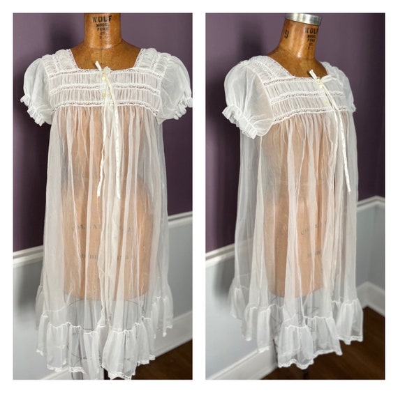 Long nightgown, see-through mesh, lace inlay