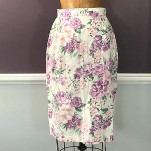 VTG Purple Cabbage Rose Floral Print On Cotton Jacquard, High Waist Pencil Skirt