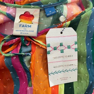 NWT Farm Rio X Anthropologie Rainbow Stripe Mini Dress, 3/4 Balloon Sleeve, Elastic Waist, V-neck image 11