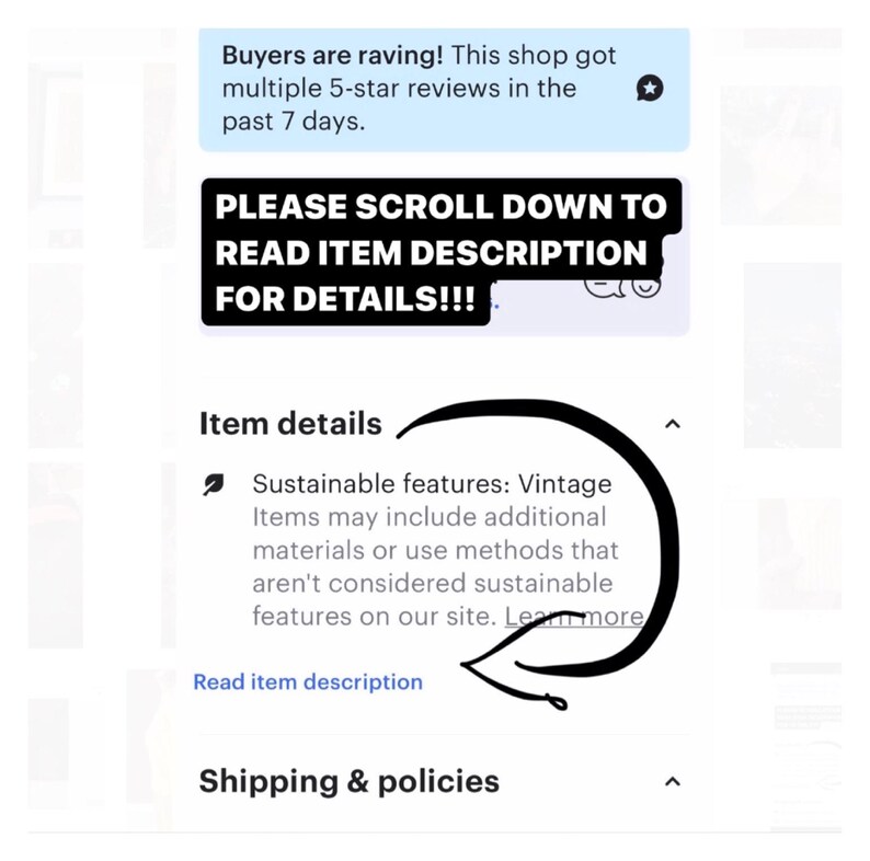 Puede incluir: Captura de pantalla de un anuncio de Etsy con texto que dice: "&iexcl;Los compradores est&aacute;n entusiasmados! Esta tienda recibi&oacute; m&uacute;ltiples rese&ntilde;as de 5 estrellas en los &uacute;ltimos 7 d&iacute;as." y "&iexcl;DESPL&Aacute;CESE HACIA ABAJO PARA LEER LA DESCRIPCI&Oacute;N DEL ART&Iacute;CULO PARA OBTENER M&Aacute;S DETALLES!!!".