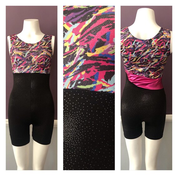 90s Aerobic Unitard with Silver Glitter Print / 90