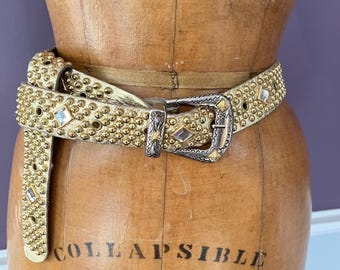 VTG 90s Gold Stud and Leather Belt with large Square Rhinestones, Silver Buckle