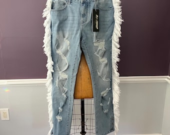 NWT Fringe Trimmed Skinny Jeans, Destroyed Stretch Denim, RU:Wave
