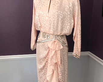 Cache 80s Silk Jacquard Blouson Dress with Hand-beading and Sequins in 1940s Style