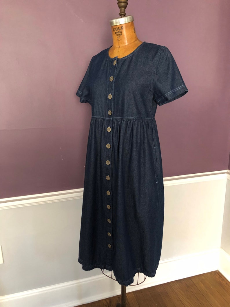 Simple 80s 90s Button Front Oversized Denim Dress with Pockets