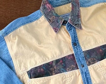 Camicia robusta da uomo in velluto a coste e denim color block anni '90