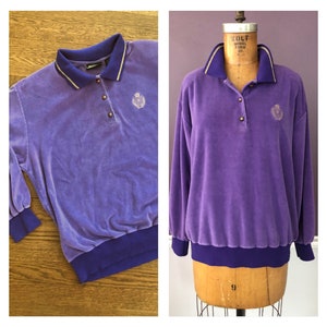 70s 80s Banded Waist Long Sleeve Velour Polo with Gold Trim / Vintage Early 80s Leisure Shirt with Long Sleeves in Velour