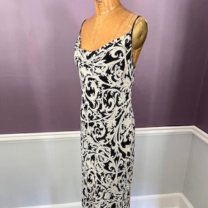 Sexy 90s Bias Cut Slip Dress in Black and White Scroll Work Print