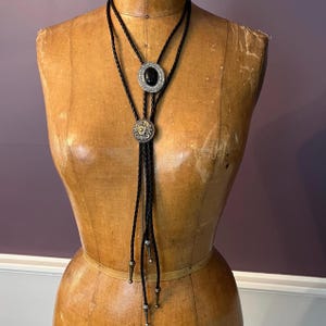 Set of 2 bolo Ties, Black and Silver Bolo Tie, Brass Floret Bolo Tie