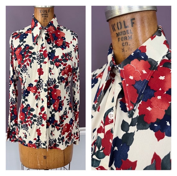 Sick 70s Spearpoint Collar Women’s Floral Polyest… - image 1