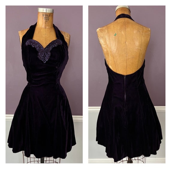 80s 90s Velvet Halter Cocktail Dress with Sequins… - image 1