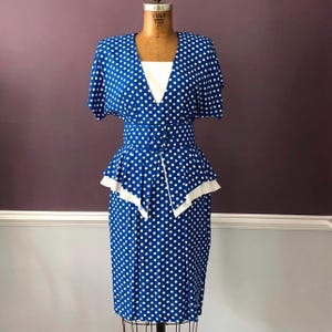 Vintage 80s does 40s Rayon Peplum Dress / Retro 80s Pin-up Wiggle Dress / Royal Blue White Ploka Dots