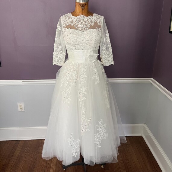 Vestido de novia NWT de tul con encaje princesa, largo midi