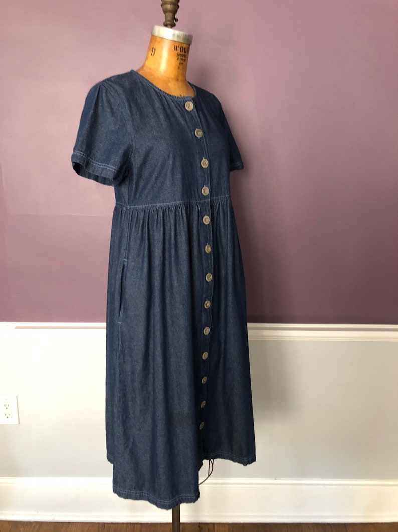 Simple 80s 90s Button Front Oversized Denim Dress with Pockets