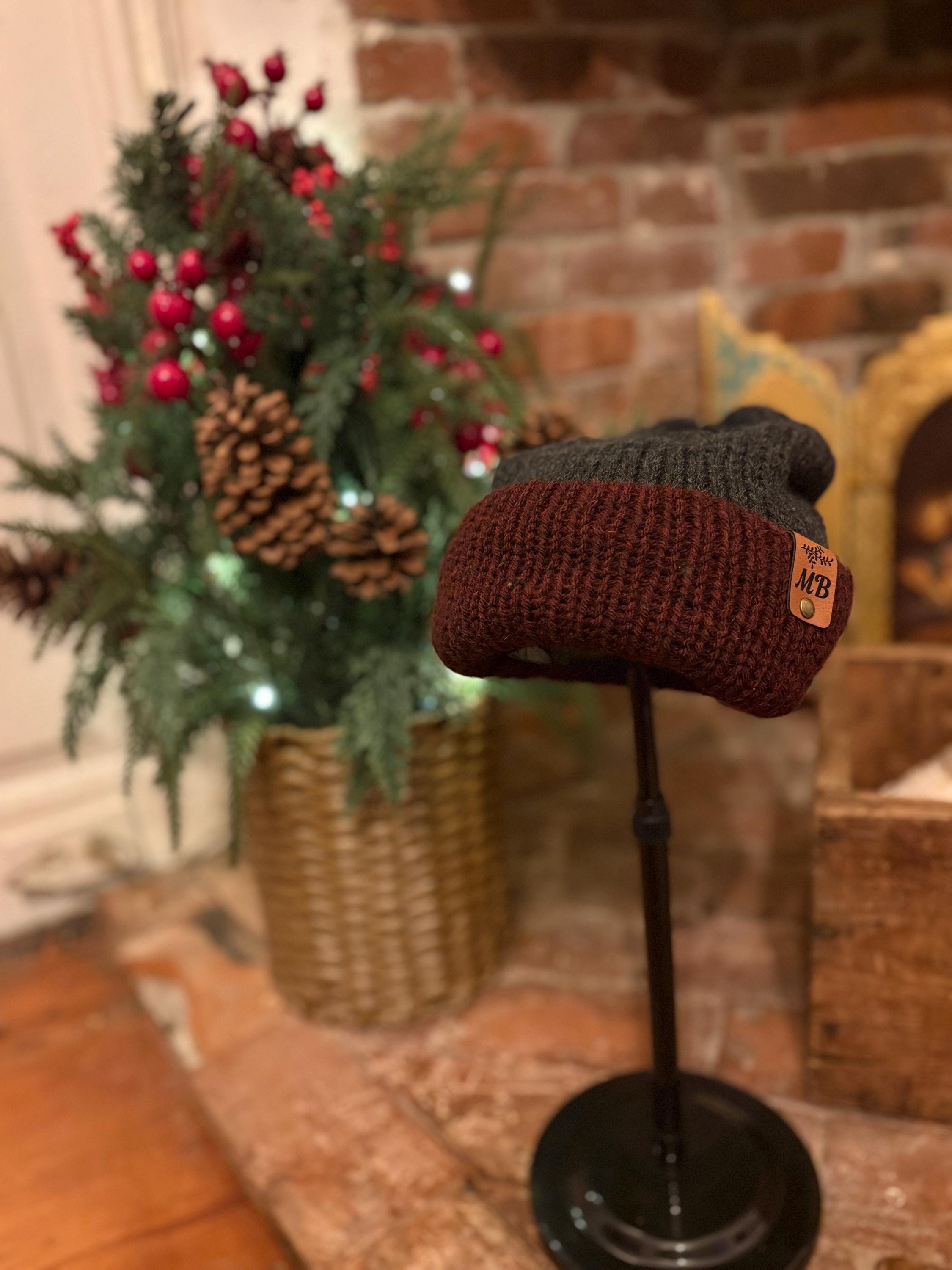Turkey Knit Beanie Hat - Soft Acrylic Winter Hat Turtle Fur Hand Made Nepal WOOL Ski Red & Gray Knit Ear Flap  main image 3