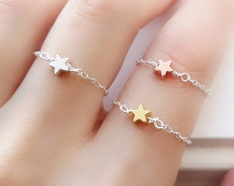 Sterling Silver Star Chain Ring: Celestial Stacking Jewelry