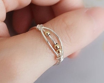 Dainty Anxiety Ring Sterling Silver with Gold Beads. Thumb Ring for ADHD. Fidget Spinner Ring. Nail Picking Jewelry for her. Birthday Gift