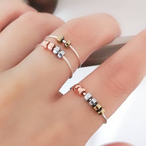 Adjustable Hematite Fidget Ring: Anxiety Support Ring, Play Jewelry Spinner, Nail Biting, Double Loop