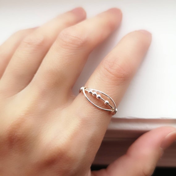 Sterling Silver Anxiety Spinner Ring: Fidget Ring with Gold/Rose Beads