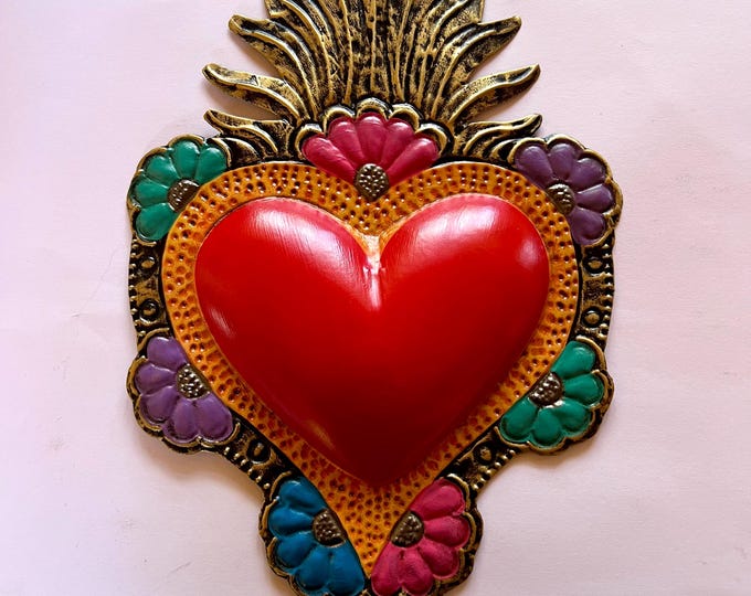 Mexican Red Tin Wall Hanging Heart with Cross and Flowers main image 0