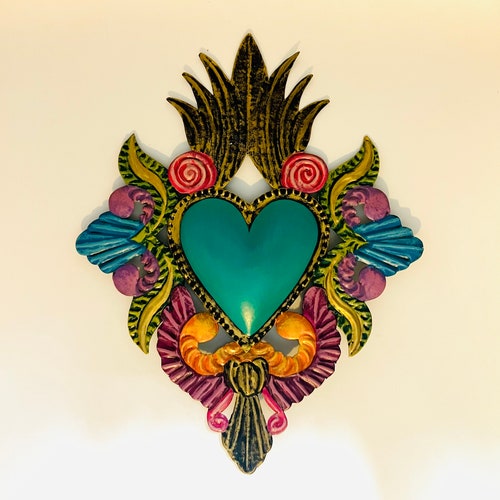 Mexican Tin Sacred Heart – Milagro Folk Art Wall Hanging, Metal Heart Home Decor, Handmade in Guanajuato, Mexico