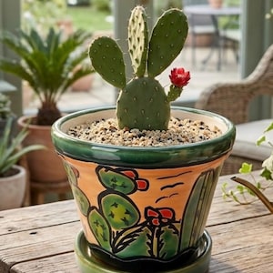Hand Painted Talavera Cactus Flower Pot, Mexican Ceramic Planter, Desert Succulent Pot, Colorful Southwest Decor