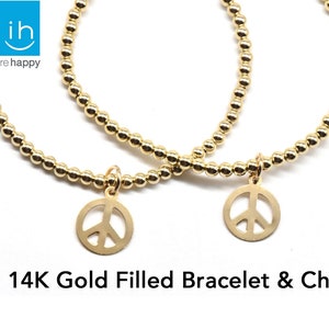 Gold Bead Bracelet  | 14K Gold Bead Bracelet | Gold Bead Bracelet | Gold Filled Stretch Bead Bracelet with Peace Sign | Gold Peace Bracelet