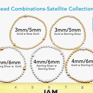 May include: Five beaded bracelets in gold and silver tones are displayed. The bracelets feature various bead combinations, including 3mm/5mm and 4mm/6mm sizes. Text on the image reads "Bead Combinations-Satellite Collections."