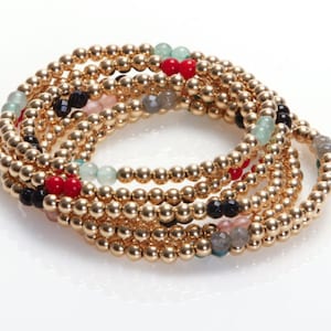 Gold Bracelet with Gemstone Bead Accents, Gold Stretch Beaded Bracelets , Gold Stretch Bracelets, Classic Women Bracelets