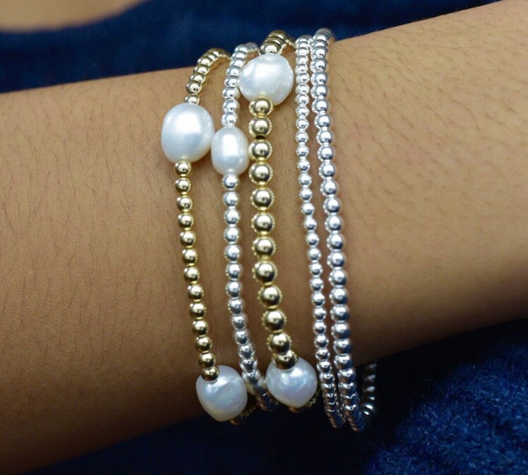 Handmade Pearl & Silver Elastic Bracelet – Beaded Stacker For Women – Made In Devon (Unbranded)