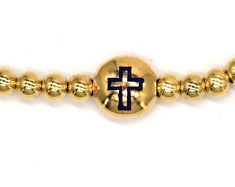 Pulsera de cruz - Delicada pulsera de cuentas bañadas en oro de 14 k con cruz - Joyería cristiana para mujer - Pulsera de cruz - Dije de contorno de cruz de oro