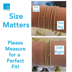 May include: Image showing gold beaded bracelets on a wrist, with text emphasizing the importance of size. The text reads "Size Matters" and "Please Measure for a Perfect Fit!" with examples of bracelets that are "Too Small," "Too Big," and "Just Right."
