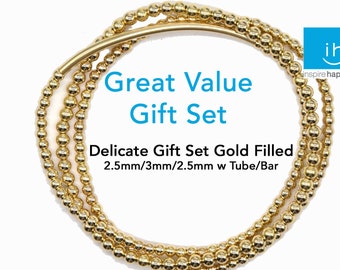 Gold Bead Bracelet Gift Set -2.5mm 3mm 3mm tube bar accent * 3 Bracelets 2.5mm, 3mm, 3mm bar, Gift Set * Gold Bead Bracelet Set * Layering
